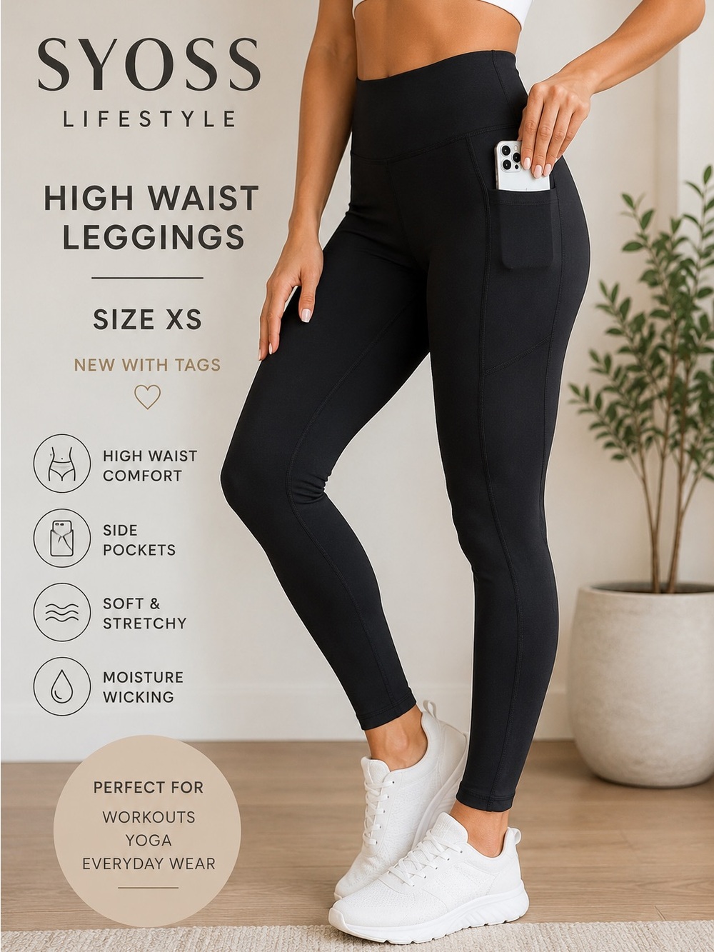 High Waist Black Leggings with Side Pockets